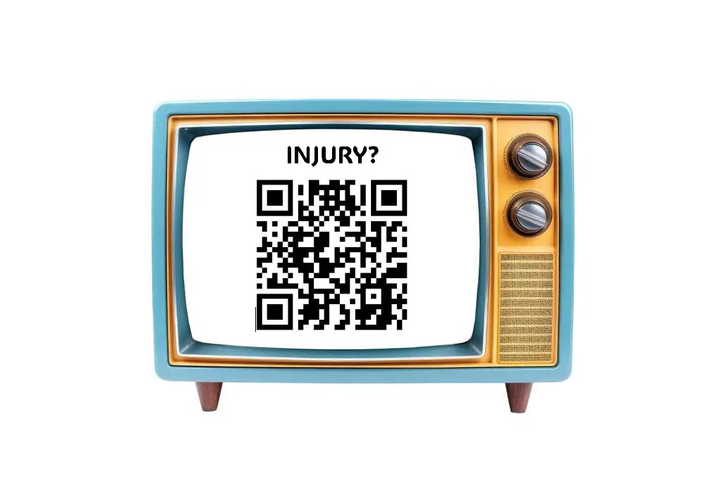 Vintage television screen showing INJURY? headline and QR code for personal injury law firm TV advertising